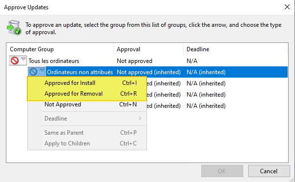 WSUS - Approuver une mise à jour pour la désinstallation