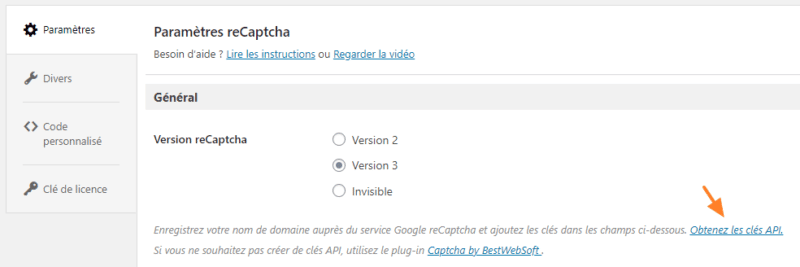 WordPress - Clé API reCaptcha