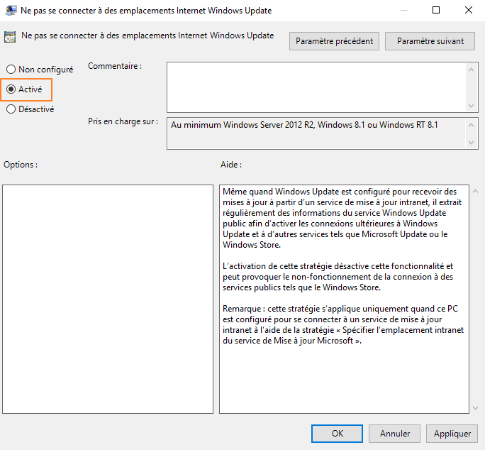 Ne pas se connecter à des emplacements Internet Windows Update