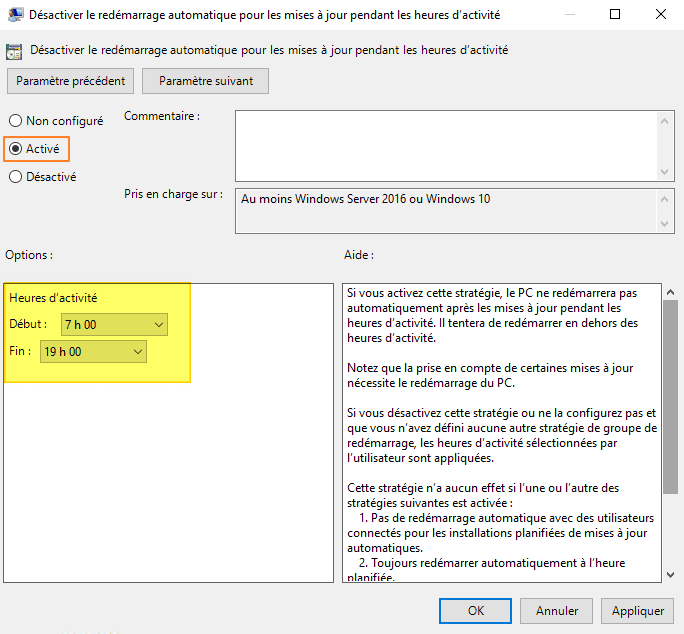 Désactiver le redémarrage automatique pour les mises à jour pendant les heures d’activité Désactiver le redémarrage automatique pour les mises à jour pendant les heures d’activité