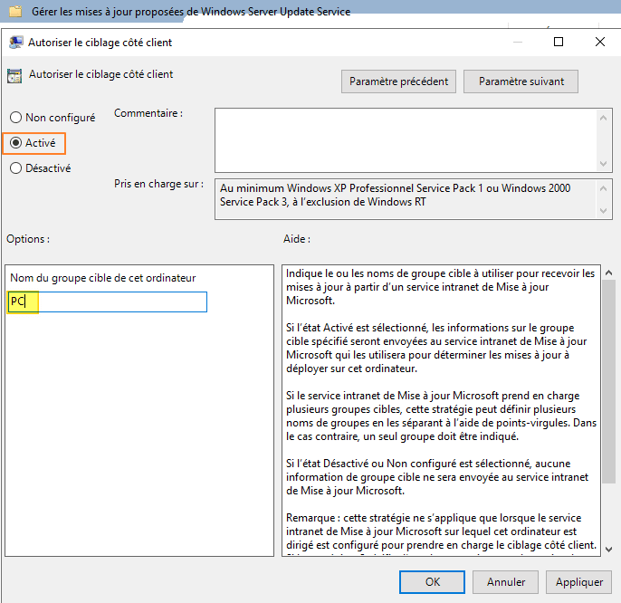 WSUS - Autoriser le ciblage côté client WSUS - Autoriser le ciblage côté client