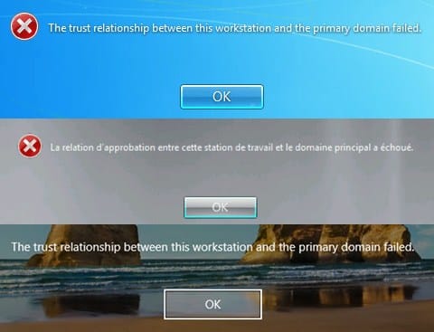 La relation d’approbation entre cette station de travail et le domaine principal a échoué