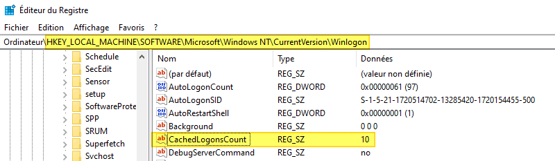 Windows 10 - Registre CachedLogonsCount