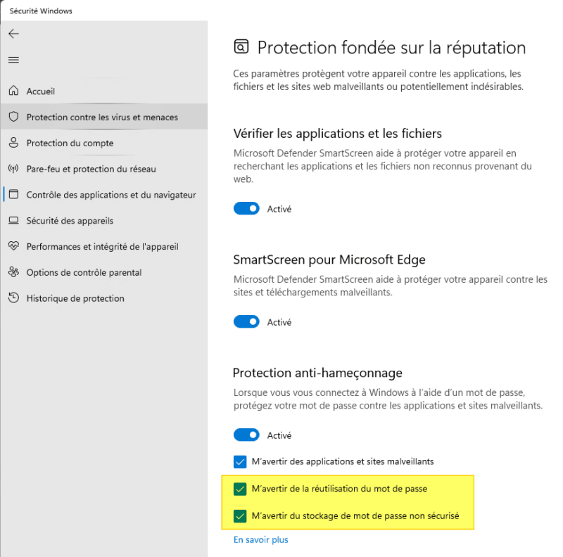 Windows 11 22H2 - Protection avancée anti-phishing