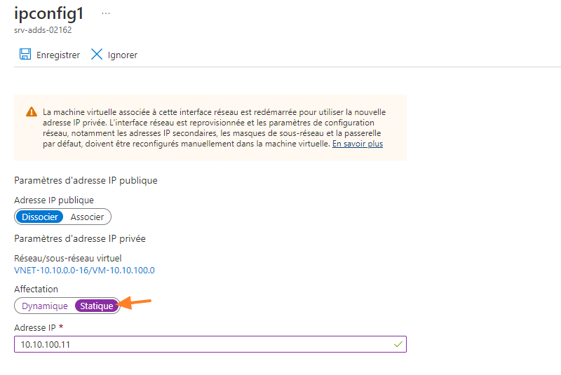 Azure - VM - Définir adresse IP statique