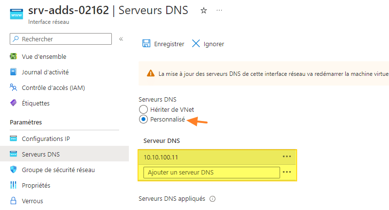 Azure - VM - Serveurs DNS personnalisés