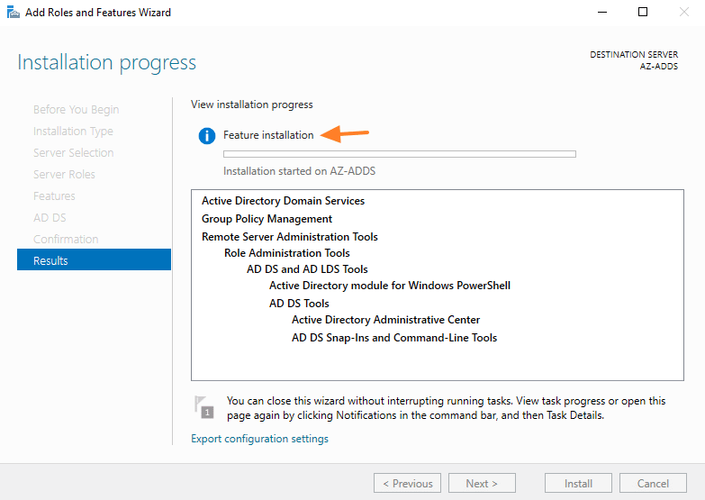 VM Azure ADDS - Installation progress