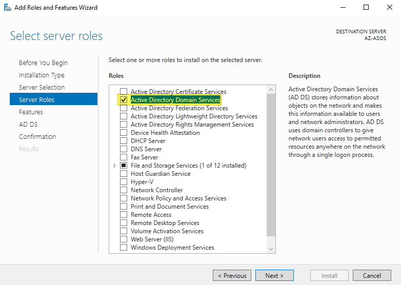 VM Azure ADDS - Select server roles