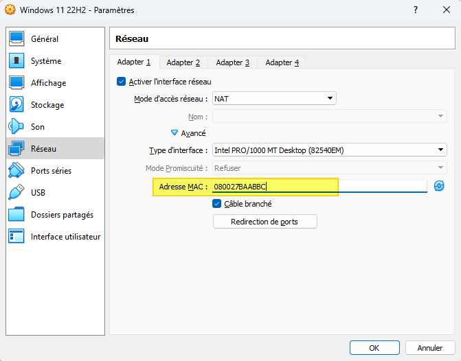 VirtualBox - Adresse MAC personnalisée