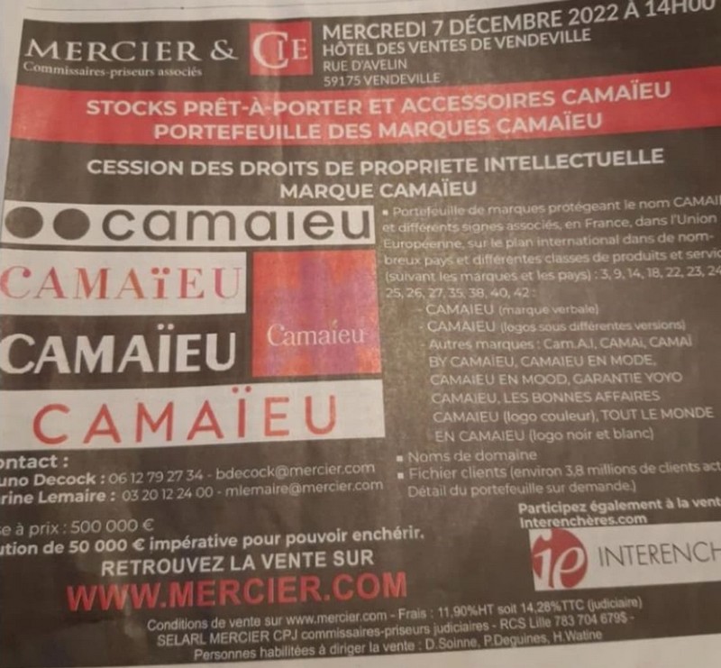 Annonce vente aux enchères Camaieu