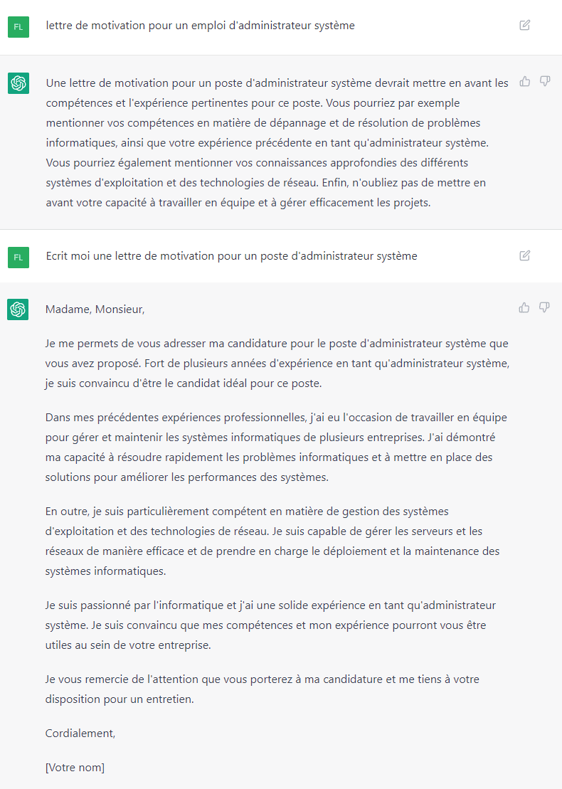 ChatGPT - Lettre de motivation