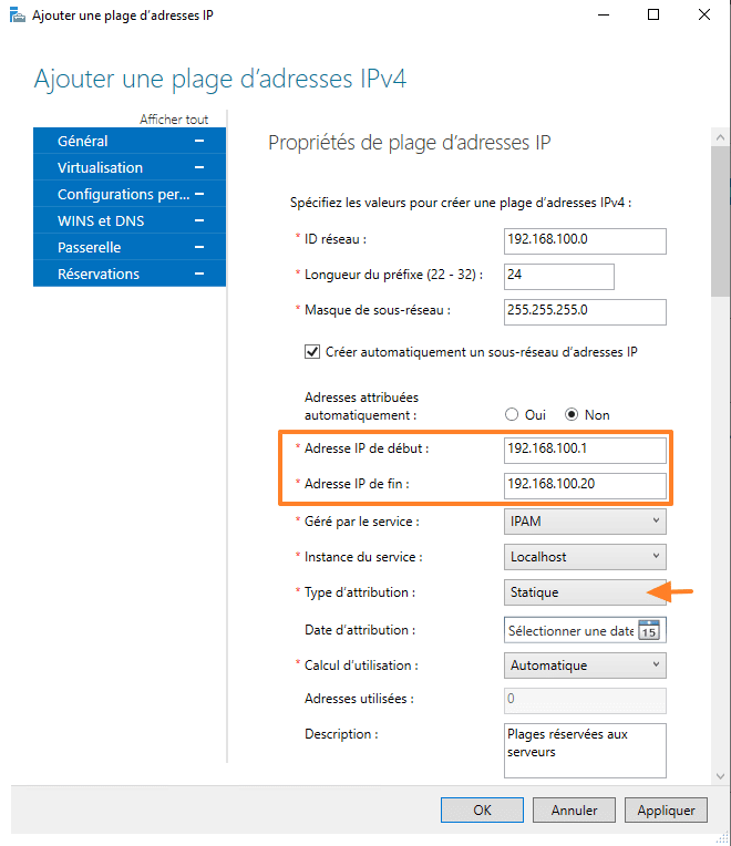 IPAM - Ajouter une plage d'adresses IP - Etape 2