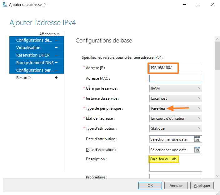 IPAM - Ajouter une plage d'adresses IP - Etape 5