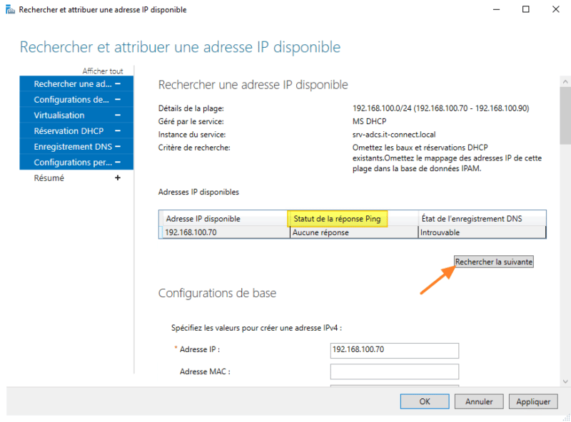 IPAM - Rechercher une adresse IP disponible - Etape 2