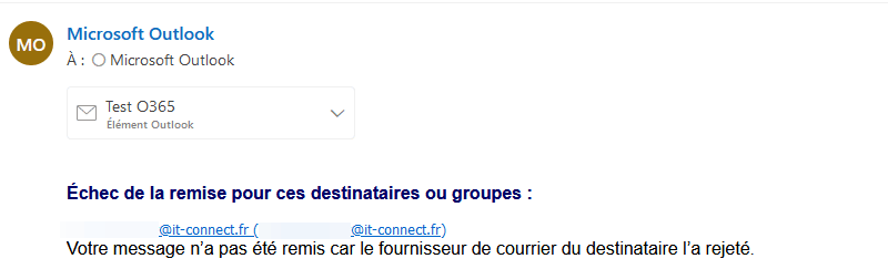 Office 365 - Blacklist e-mail - Exemple de rejet