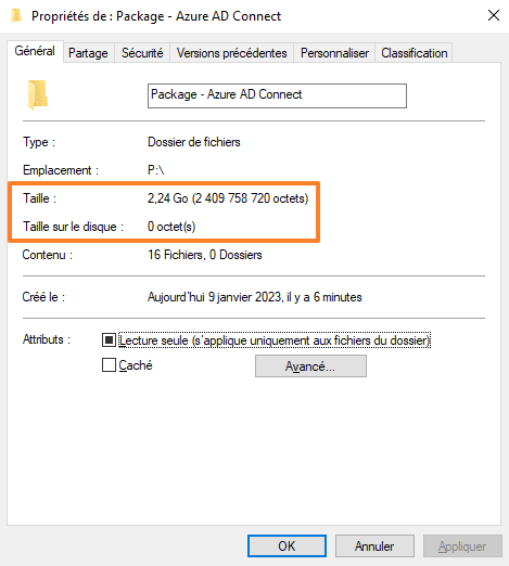 Taille sur le disque avec déduplication