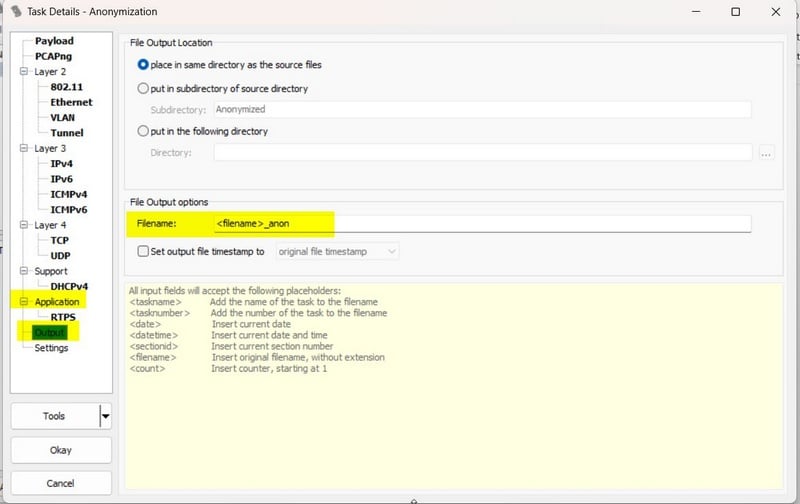 TraceWrangler - Fichier de sortie