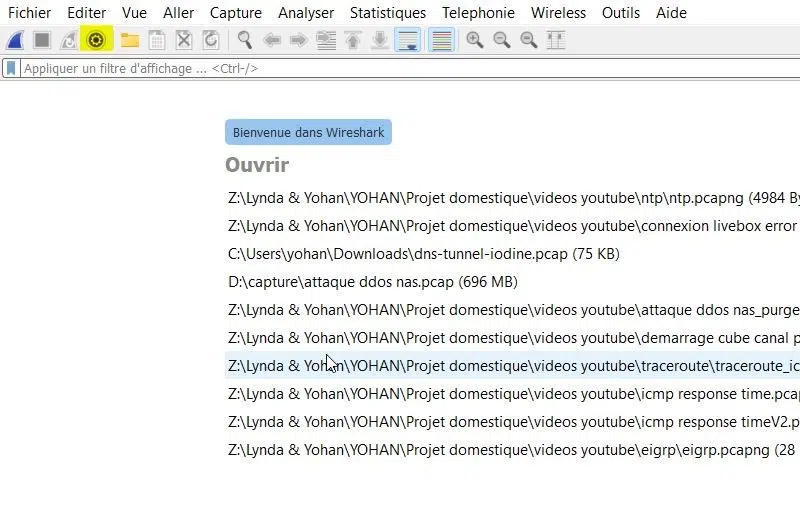 Accès aux paramètres de Wireshark