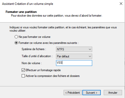Créer un volume dédié au VSS