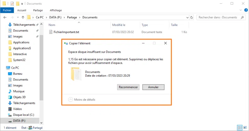 FSRM - Alerte quota espace disque insuffisant
