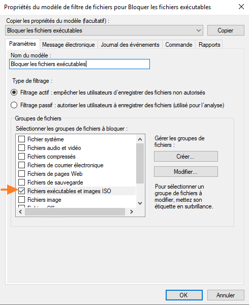 FSRM - Aperçu du modèle pour bloquer les fichiers exécutables