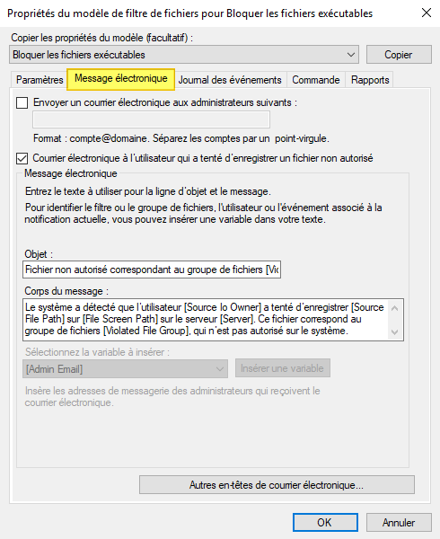 FSRM - Filtrage de fichiers - Alerte par e-mail