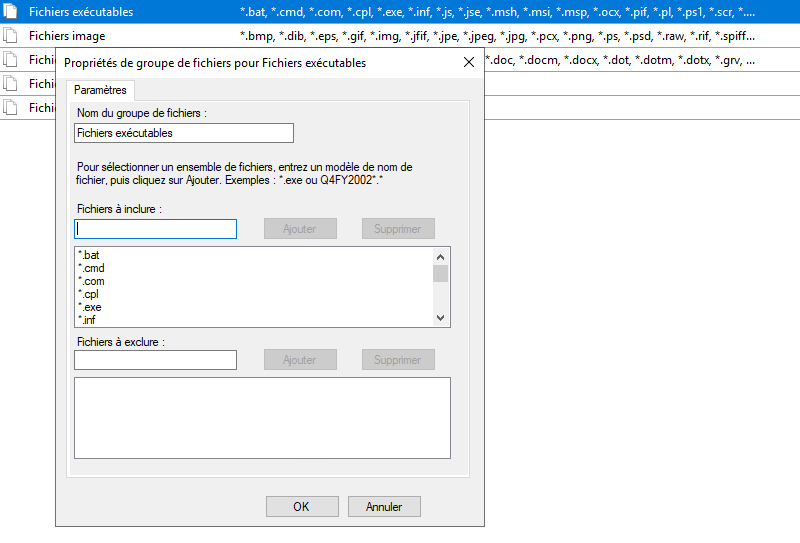 FSRM - Liste extensions fichiers exécutables