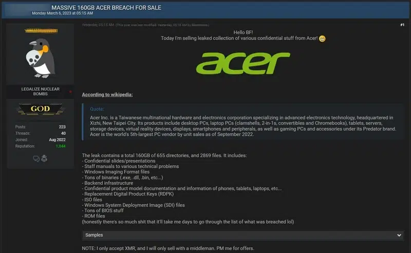 Fuite de données Acer - 2023