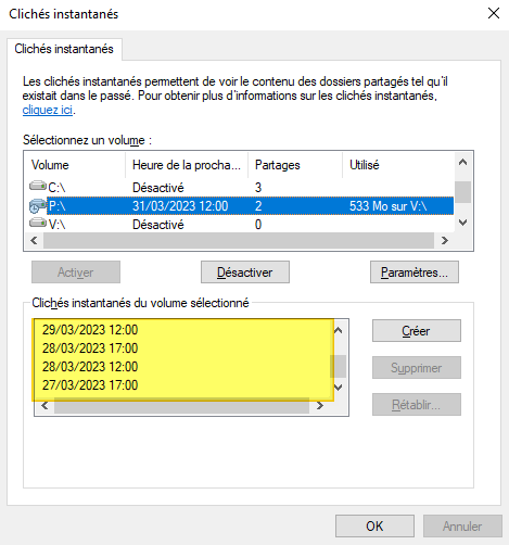 Liste des clichés instantanés - Windows Server
