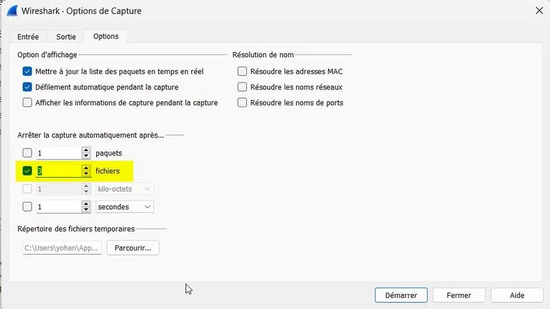Wireshark - Arrêt après X fichiers de capture