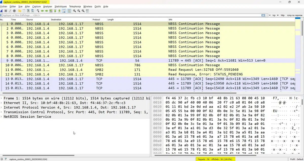 Wireshark - Capture continue sur 3 fichiers