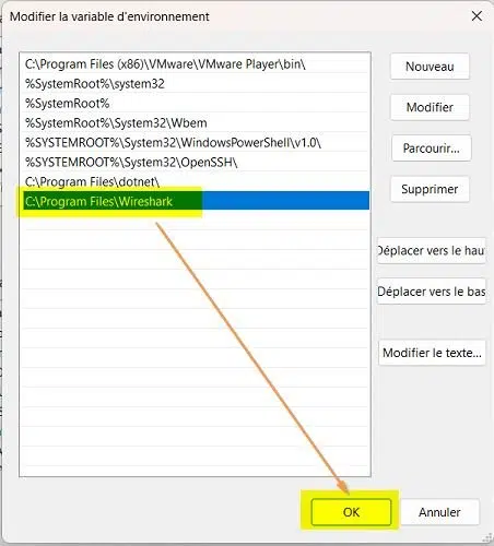 Wireshark - Chemin dans PATH Windows