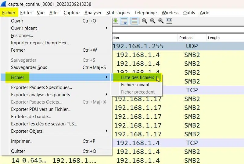 Wireshark - Liste des fichiers