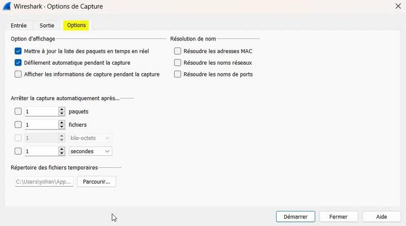 Wireshark - Options de capture - Onglet Options