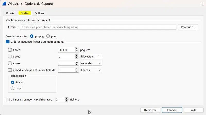 Wireshark - Options de capture - Onglet Sortie