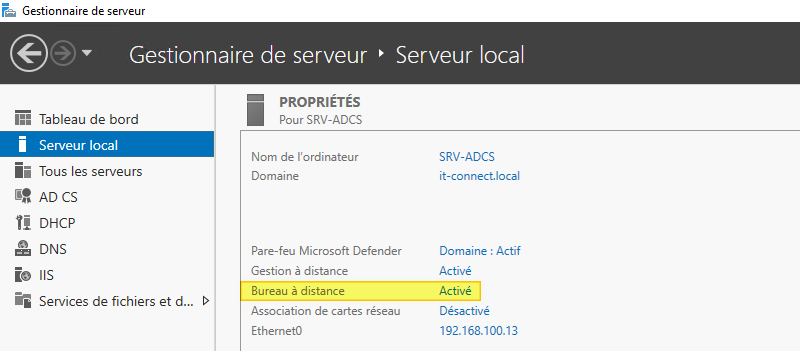 Windows Server - Activer le Bureau à distance