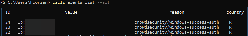 CrowdSec - Liste des alertes RDP