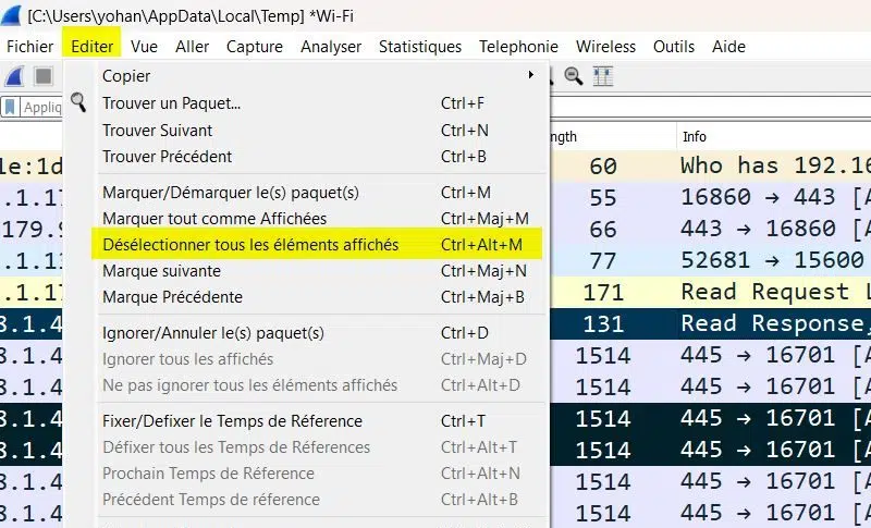 Wireshark - Désélectionner les paquets marqués