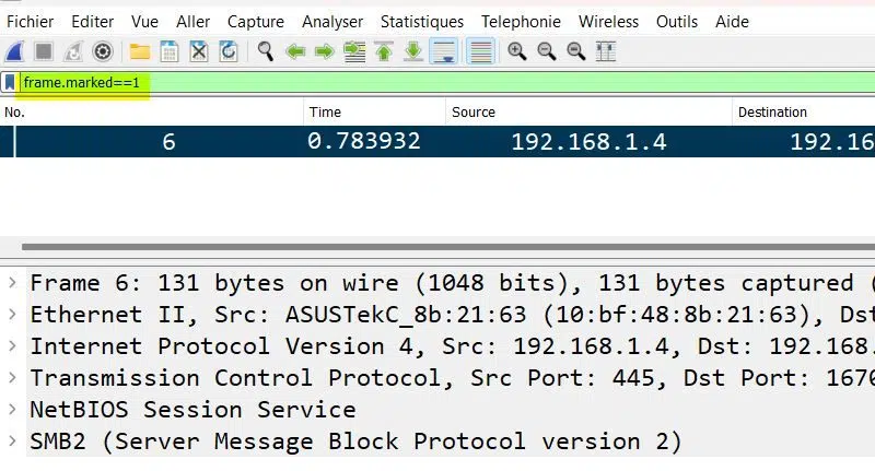Wireshark - Filtre affichage frame.marked