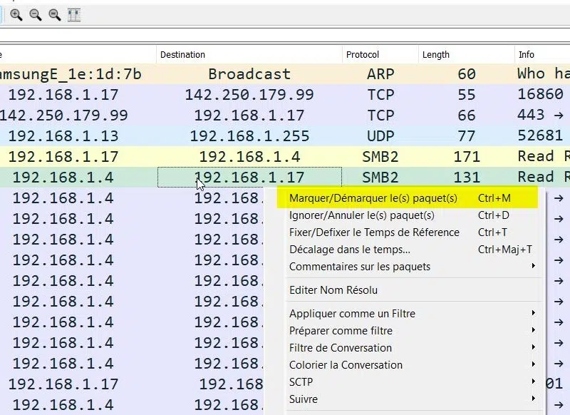 Wireshark - Marquer un paquet - Menu contextuel