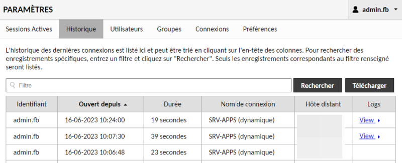 Apache Guacamole - Historique - Logs sessions