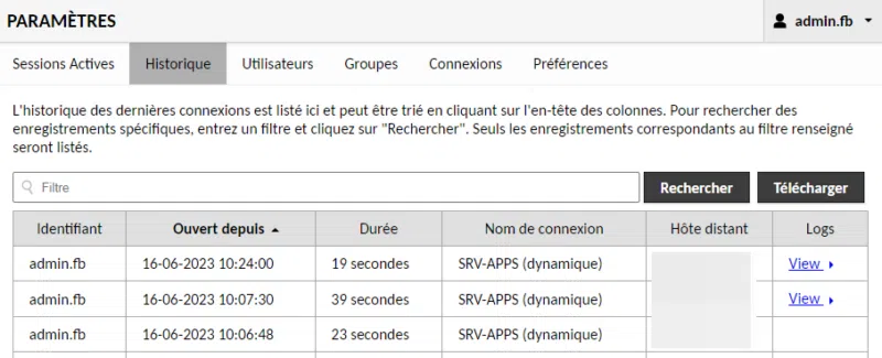 Apache Guacamole - Historique - Logs sessions