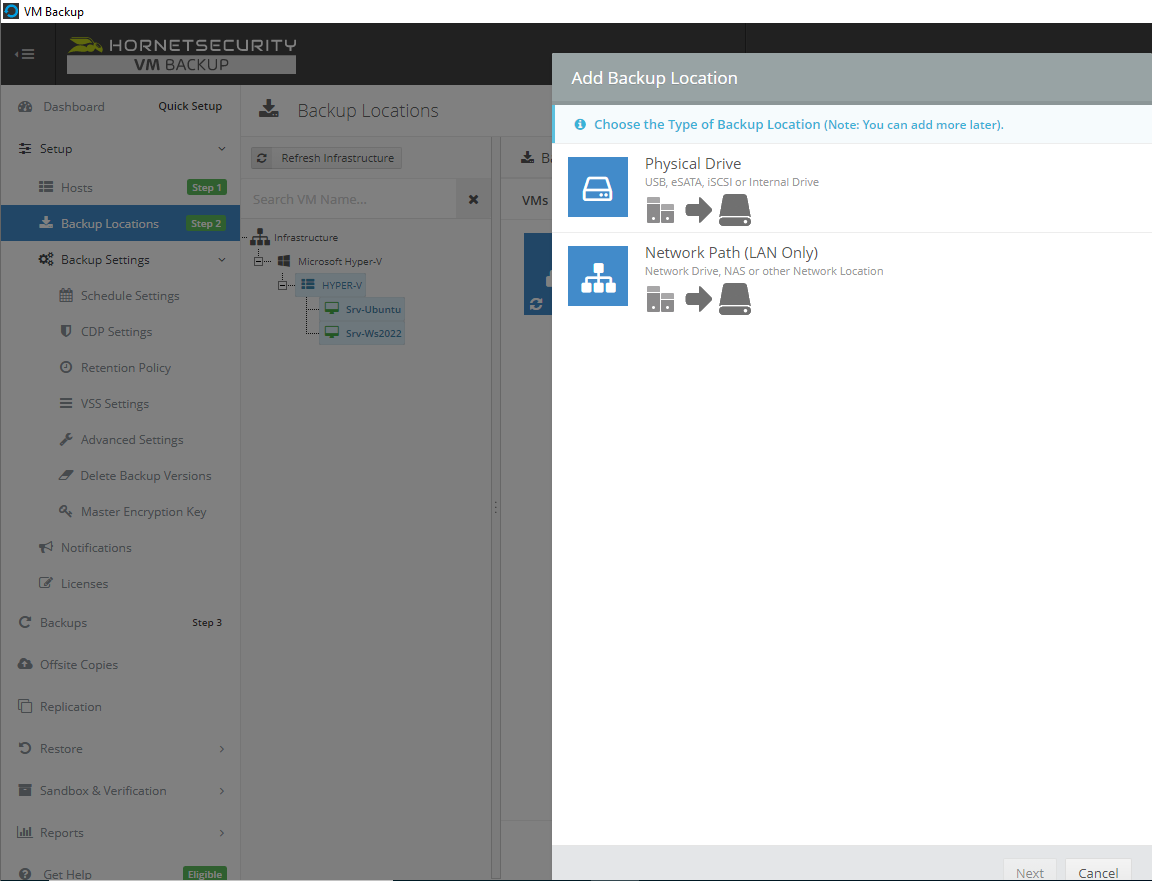 Hornetsecurity VM Backup - Destination sur site