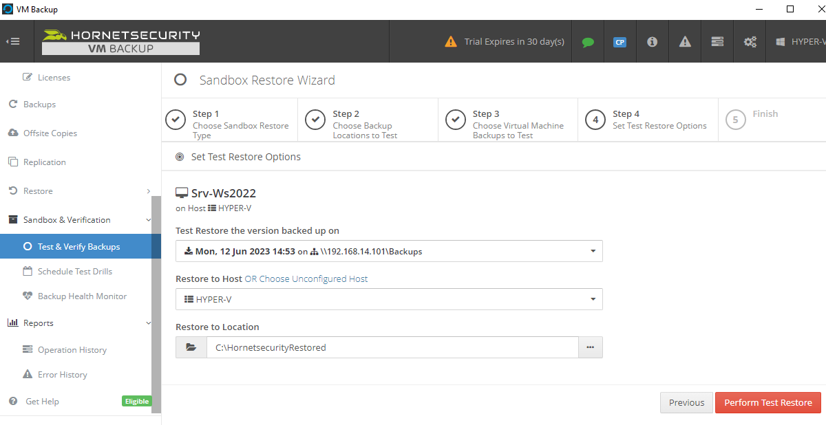 Hornetsecurity VM Backup - Restaurer en mode sandbox