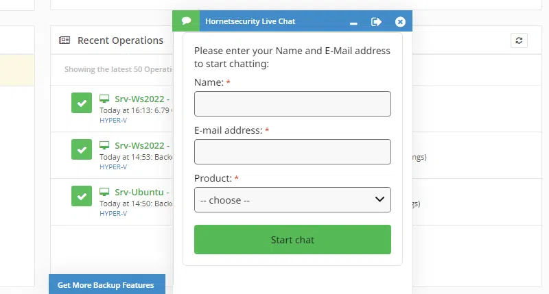 Hornetsecurity VM Backup - Support par chat
