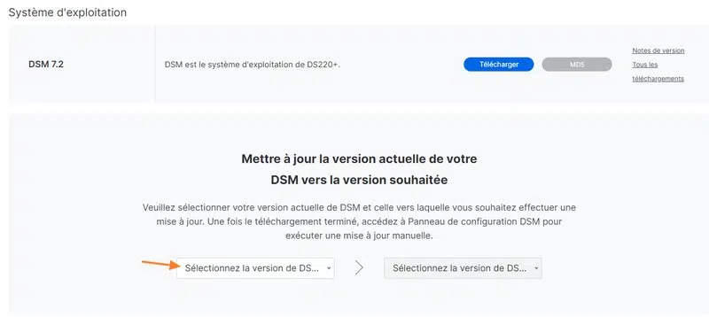 Sélectionner la version actuelle de DSM