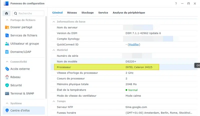 Type de processeur sur DSM