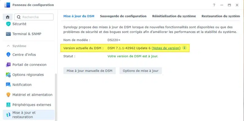 Version actuelle DSM dans l'interface du système