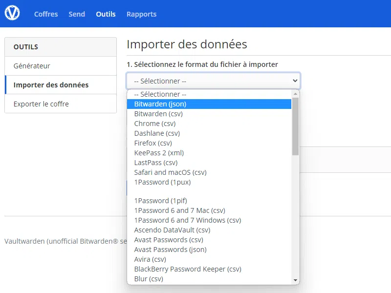 Bitwarden Self-Hosted - Importer des données