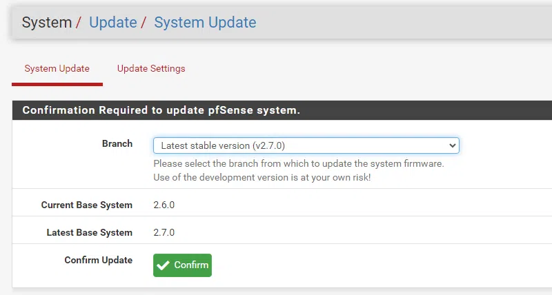 Confirmer la mise à niveau de pfSense